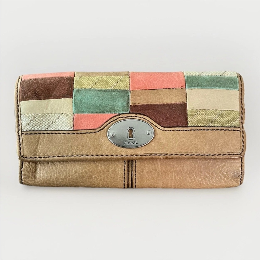 Fossil Wallet Card Organizer Clutch Quilted Patchwork & Key Hole,Cowhide Leather